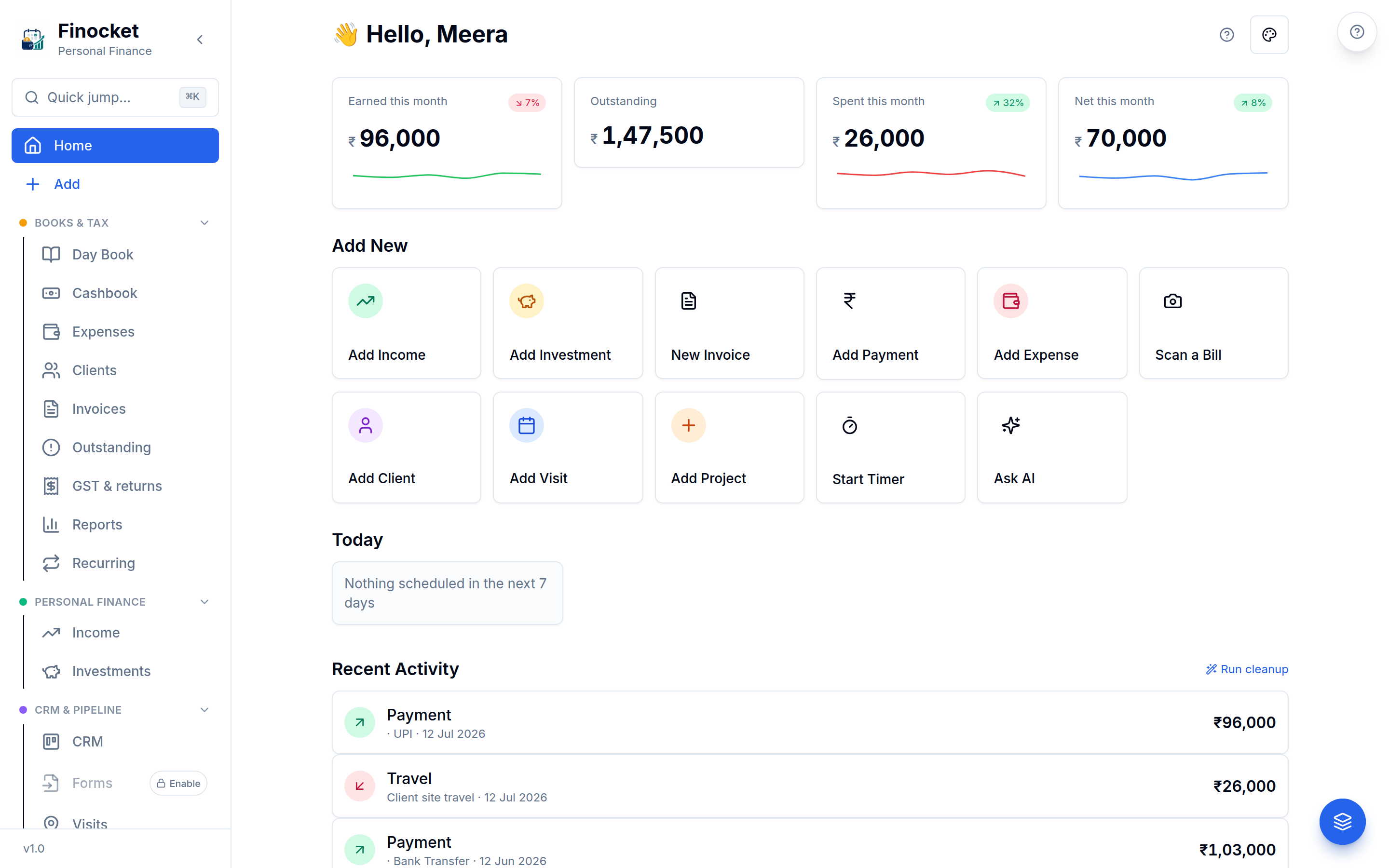 Finocket on desktop — the full workspace