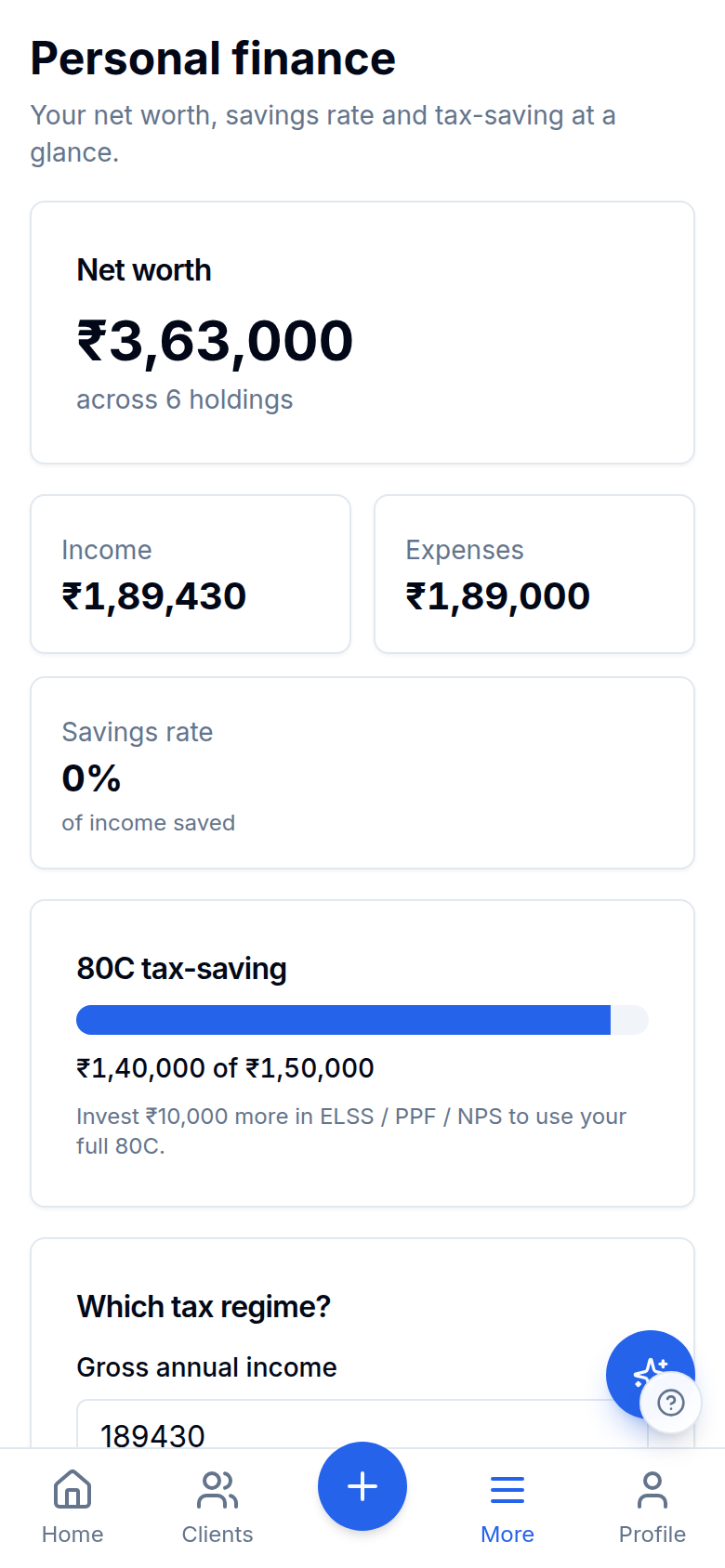 Personal finance report — net worth, savings rate and 80C progress